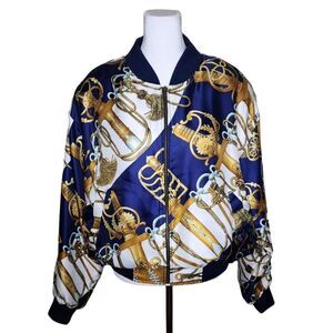 Vintage 90s Capucci Satin Equestrian Baroque Bomber Jacket Womens Size L Blue